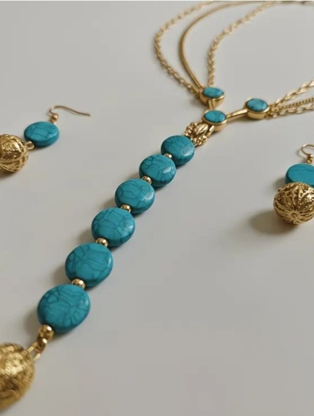 Gold and Turquoise Bead Pendant Necklace Set - Women Jewelry